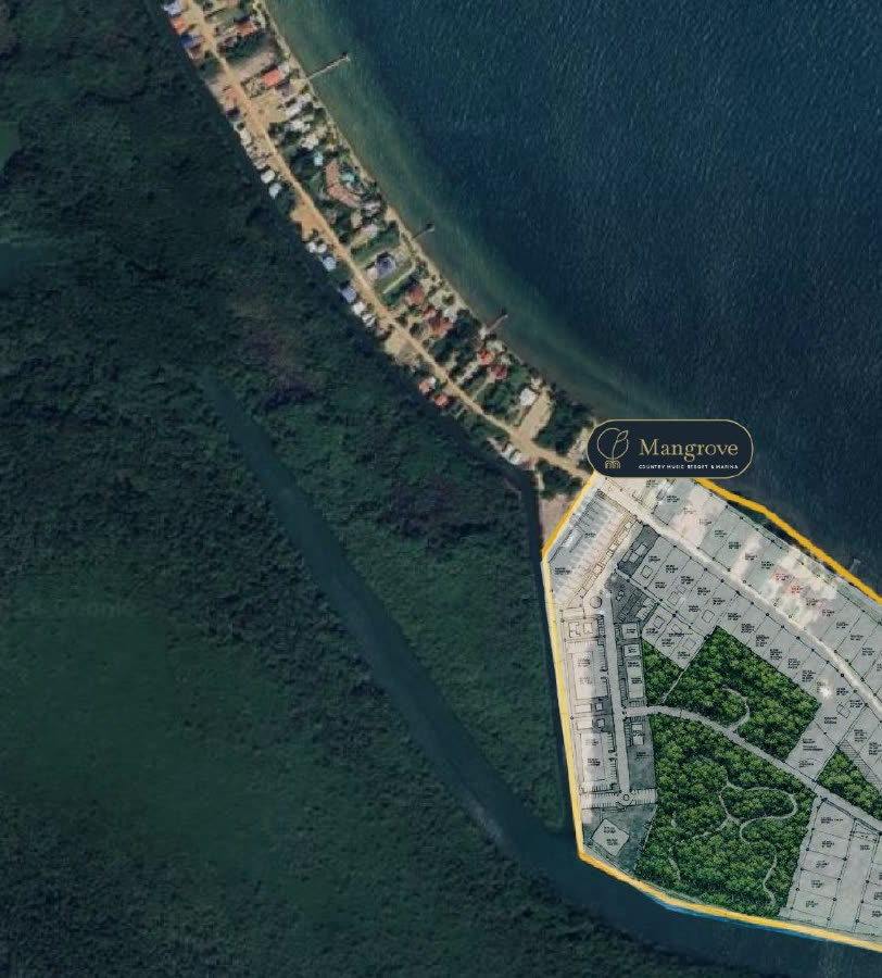 Satellite view of Sittee Point with the Mangrove property outlined and the masterplan overlaid