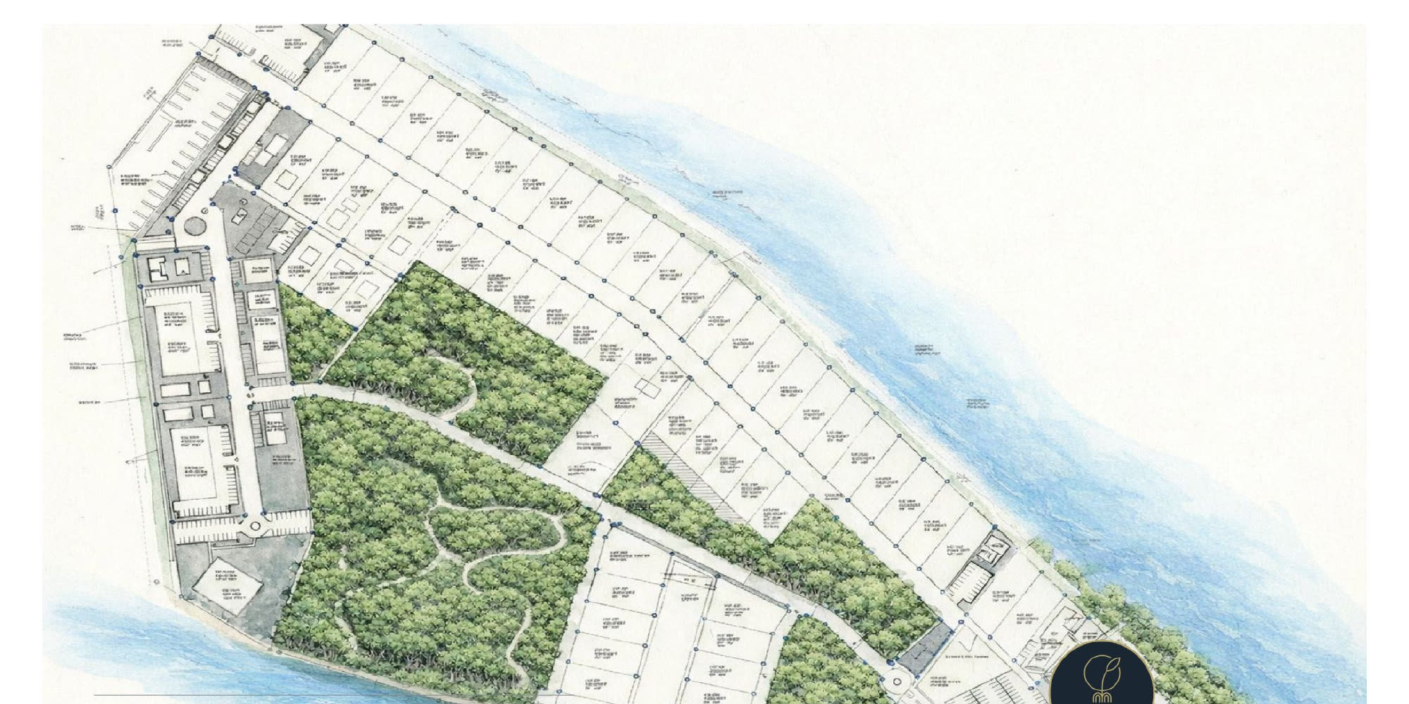 Illustrated masterplan of the Sittee Point peninsula showing lots, marina, and resort parcels